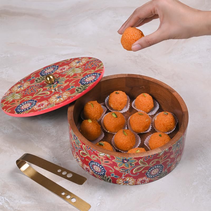 Image of Wooden Chapati Box for Kitchen - Casserole for Roti with Stainless Steel Brass Lid | Wooden Chapati Box with 1 Tong | Traditional Kitchen Organizer - Red (Printed)