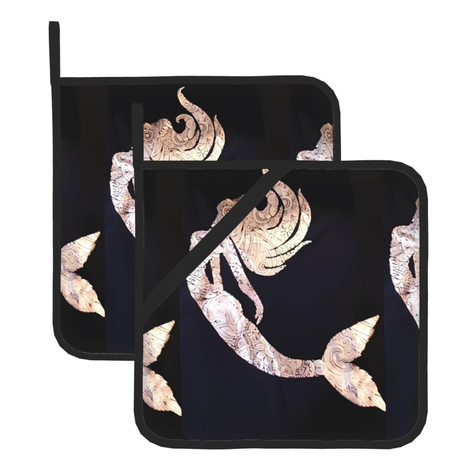 WHJDPP Black Mermaid Prints Square Hot Pads for Kitchen - Waterproof Pot Holders Set of 2, Durable Trivets with Pocket & Hanging Loop for Hot Dishes & Oven Use