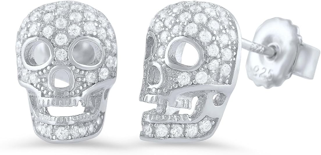 Rhodium Plated Sterling Silver Womens Cz Bling Sugar Skull Womens Stud Earrings - Halloween Gifts for Mom Wife Girlfriend - 11mm