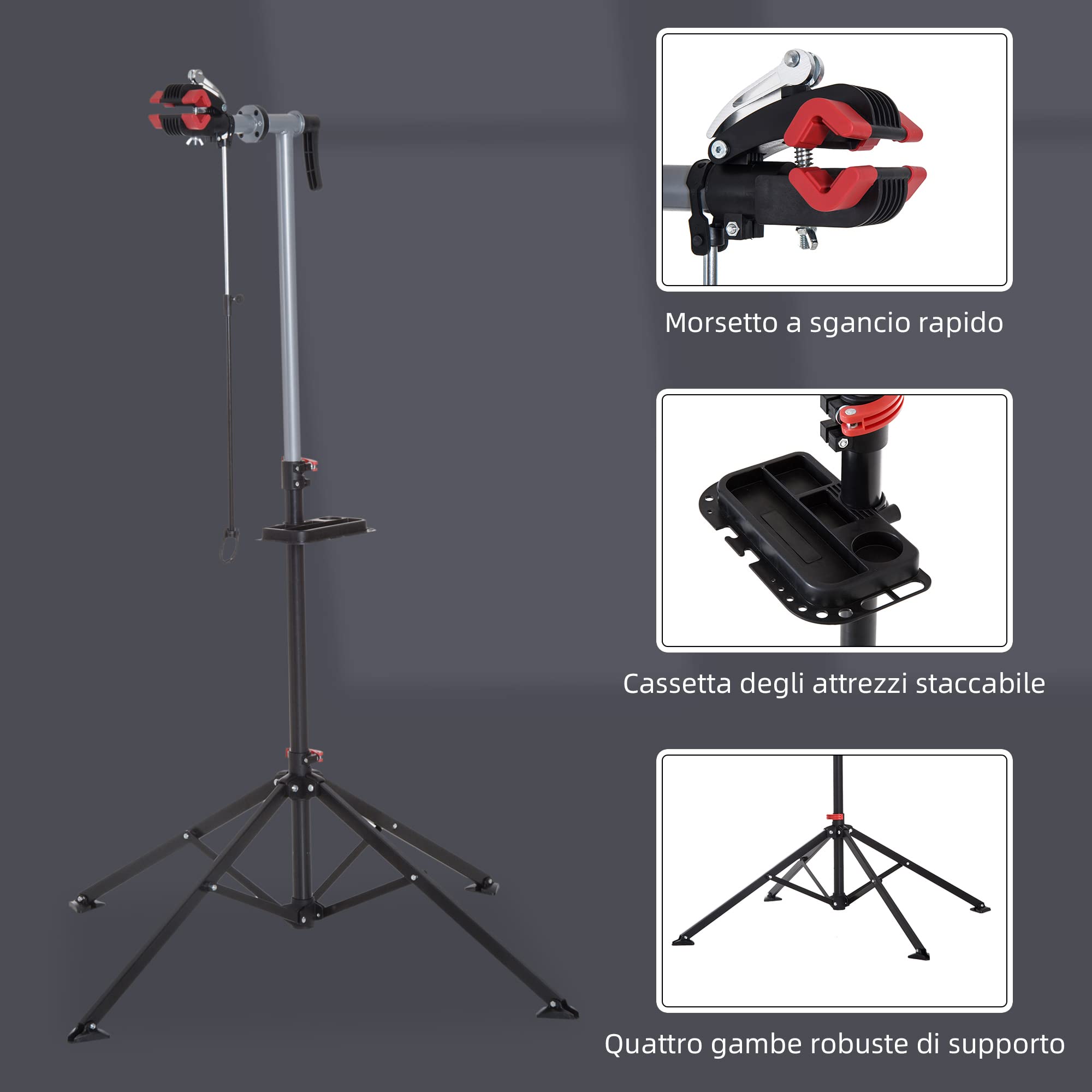 HOMCOM Cavalletto per Riparazione Bici, Cavalletto Bicicletta Pieghevole, Supporto per Manutenzione Bici Girevole a 360° con Vassoio Porta Utensili, Altezza Regolabile 109-180cm, Nero