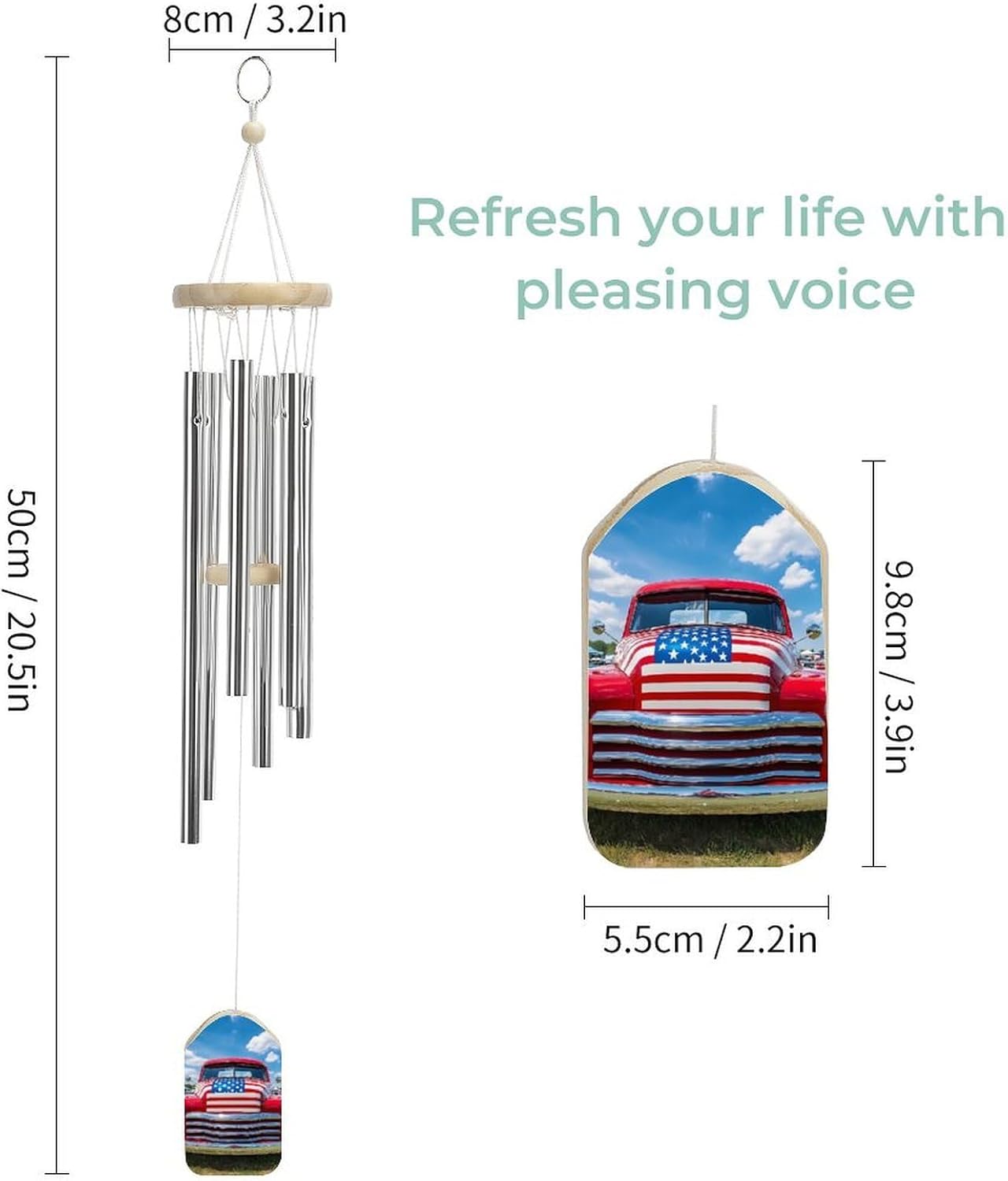 Old Truck in U.S. Flag Wooden Wind Chimes Deep Tone Memorial Windchime for Outside Garden Home Decoration