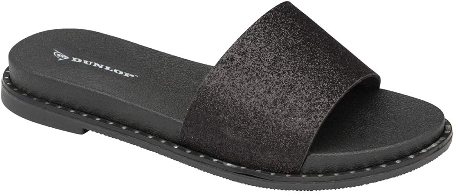DunlopWomans Ladies Eleanor Glitter Sparkle Slip On Slider Sandal Cushioned Padded Insole Small Wedge Heel in Black Or Silver Size 3,4,5,6,7,8