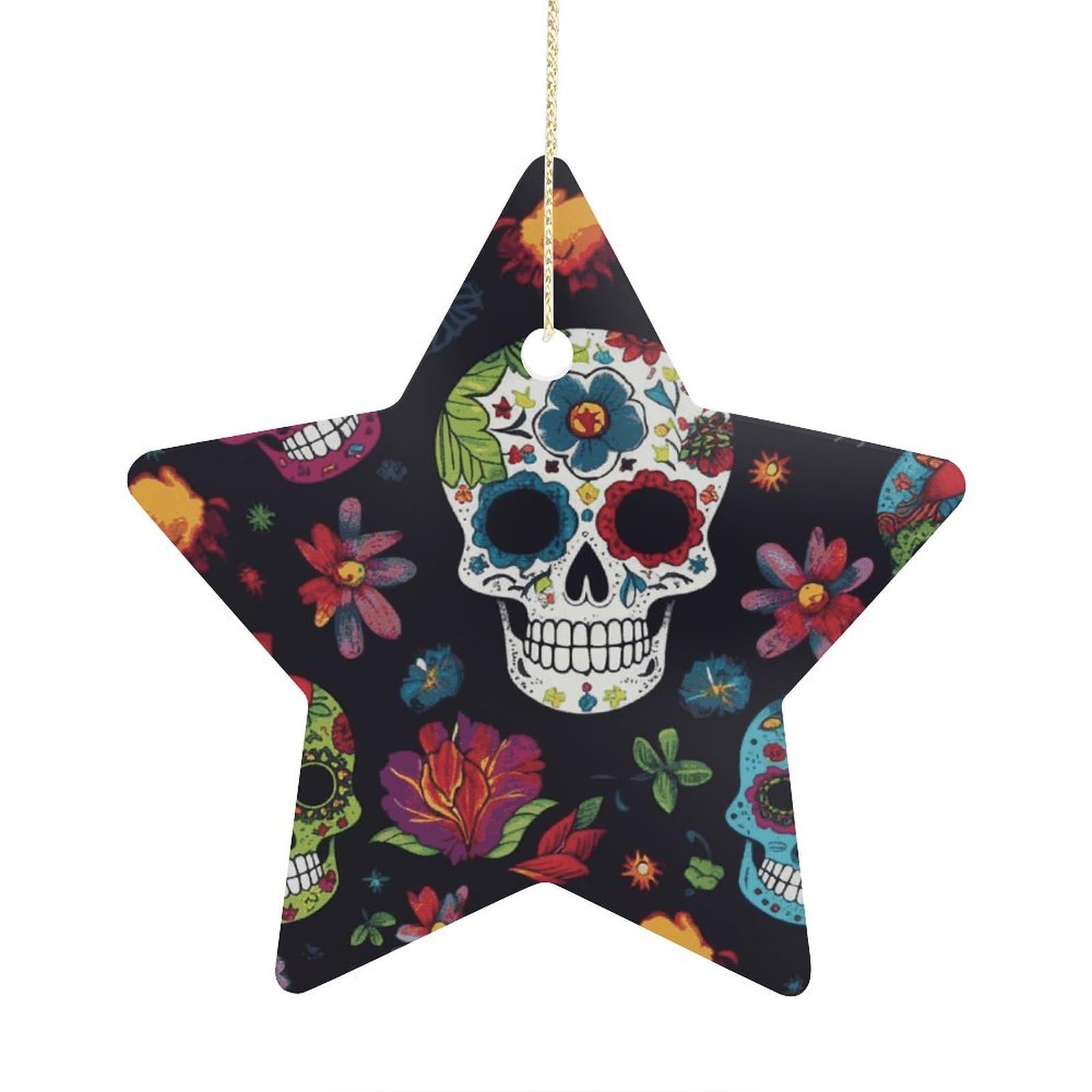 Fodpand Women's Style Flower Cactus Sugar Skull Ornament With String, Keepsake Hanging Decorations,Ceramic Ornaments For Men Indoor Home Holiday Party Gifts