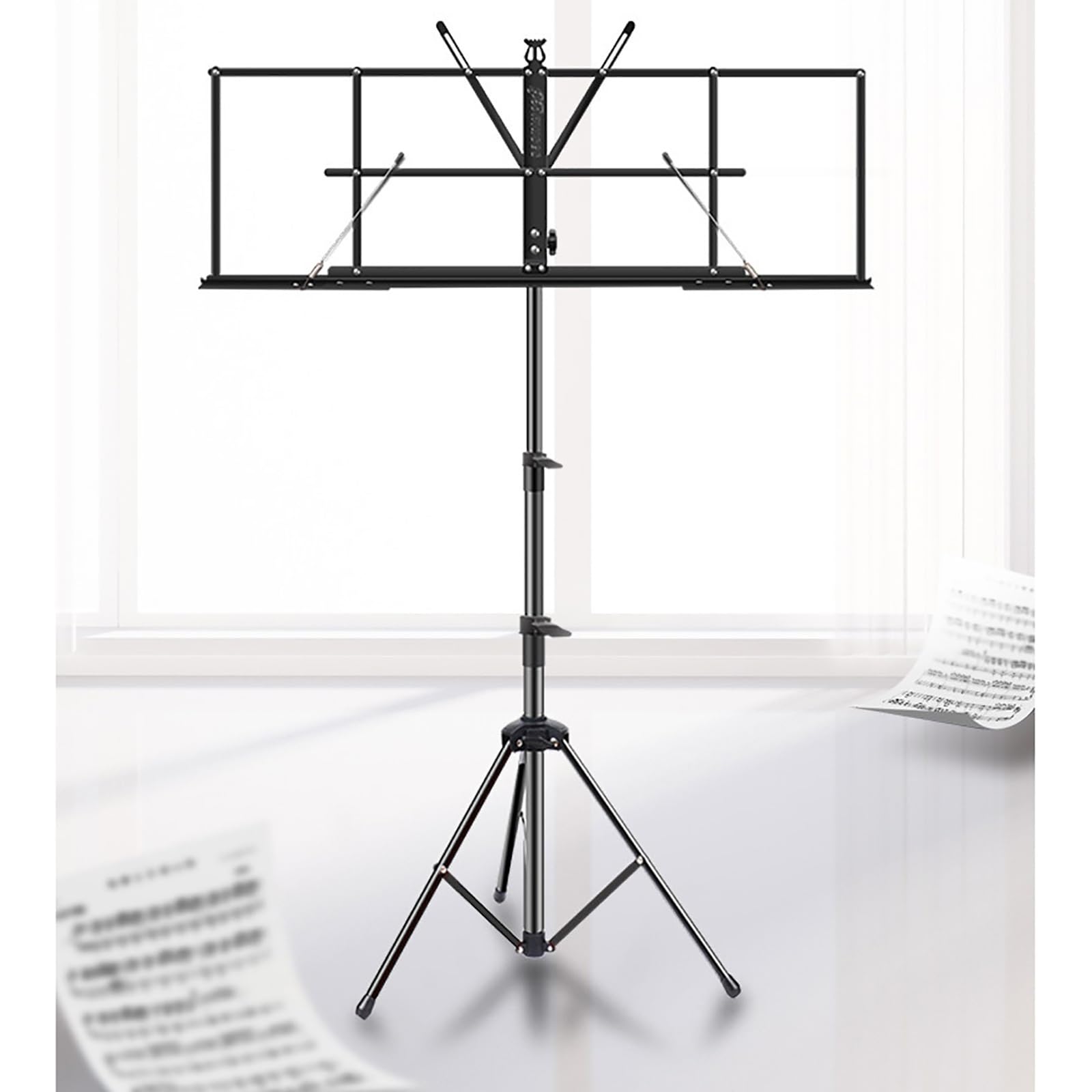 Soporte de música portátil, plegable, extra ancho, elevable, multifunción, para partituras y guitarras