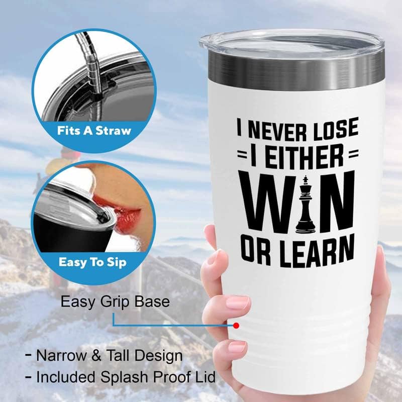 Miniatura 4 de Vaso de ajedrez edición blanca de 20 onzas - I Never Lose - Regalo divertido para ajedrez, atleta, instructor, deportista, pensamiento lógico, juego