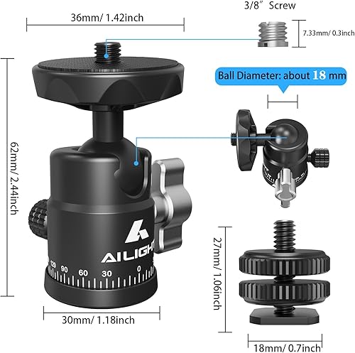 Miniatura 7 de Ailight Mini cabeza de bola, cabezal de trípode panorámico de 360, adaptador de tornillo universal de 14 a 38 pulgadas, soporte de trípode de cabeza