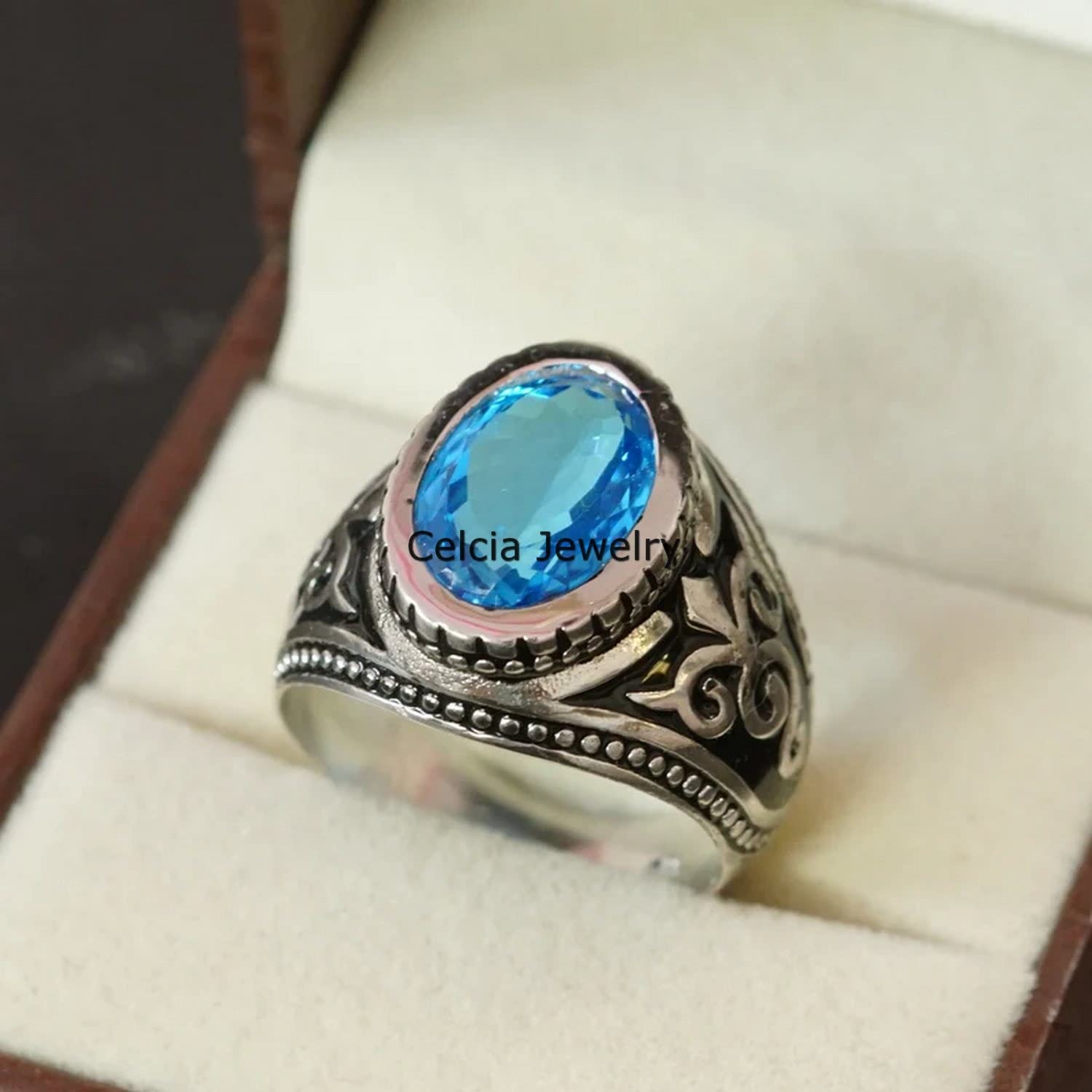 Anillo de sello de plata esterlina 925 sólida para hombres, piedra preciosa ovalada de topacio azul genuino, regalo único hecho a mano de piedra natal de noviembre para él