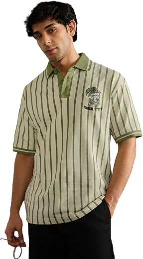 The Souled Store Popeye: Tough Stuff Men and Boys Short Sleeve Spread Collar Light Green Striped Embroidered Cotton Breath...