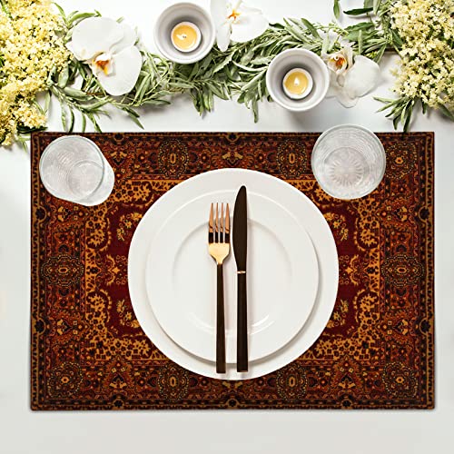 Image of Red Gold Boho Placemats Set of 4 Bohemian Vintage Retro Rug Carpet Linen Washable Kitchen Dining Table Mats Stain Heat-Resistant Desktop Decor Place Mats for Home Party Indoor 12x18 in