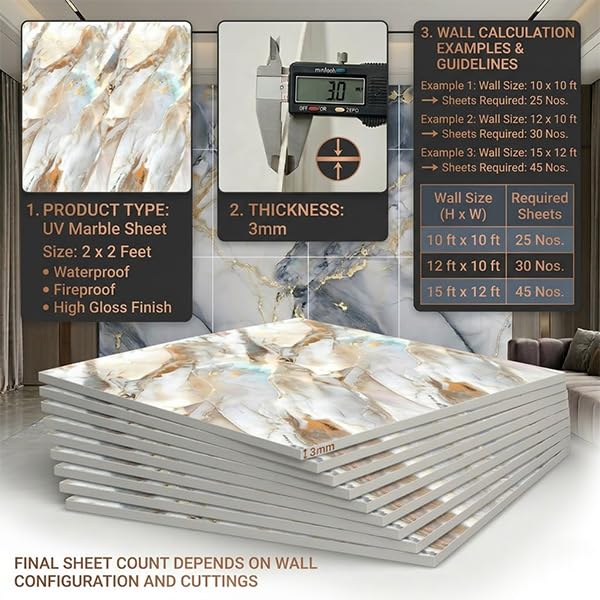 Image of WALLVEAR 2x2 Ft UV Marble Wall Panel Sheet Golden Cloud, Pack of 4