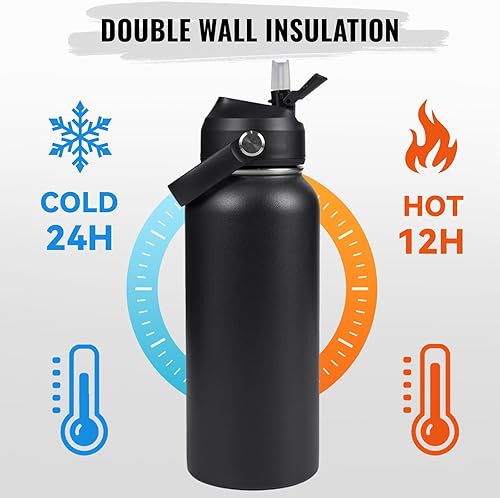 Miniatura 5 de Botella de agua aislada de acero inoxidable de 32 onzas, aspiradora de doble pared de boca ancha, sorbete de silicona, a prueba de sudor y fugas,