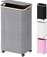 Vista 12 de SUOCO Cesta de lavandería con ruedas 100L, canasta de ropa con tapa y asas de bambú, cesta plegable para la ropa sucia para dormitorio, baño, Negro