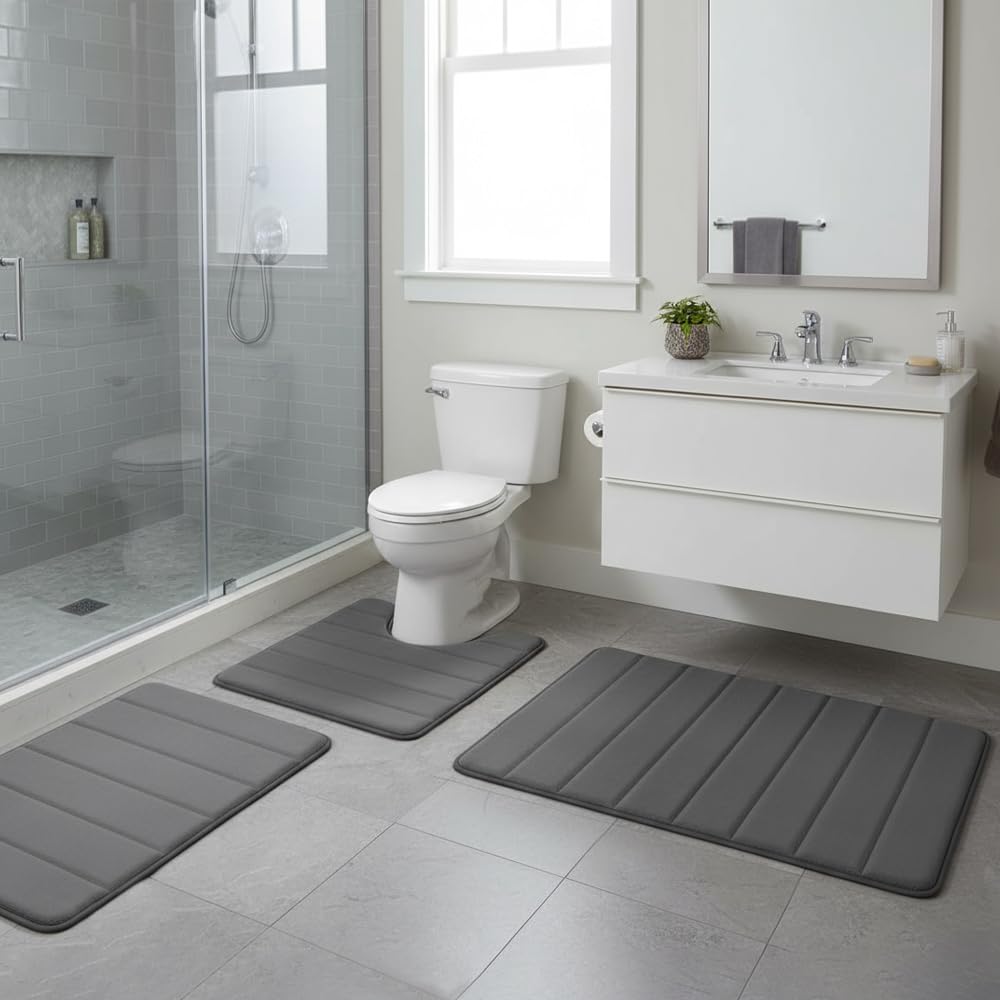 Cnwinu 3 Piece Bath Mat Set,Bath and Toilet Mat Set,Machine Washable Super Absorbent Bath Floor Rug,Non Slip Bath Mats for Bathroom,Bedroom,Living Room,40x60+U50x60+50x80cm (Dark gray)