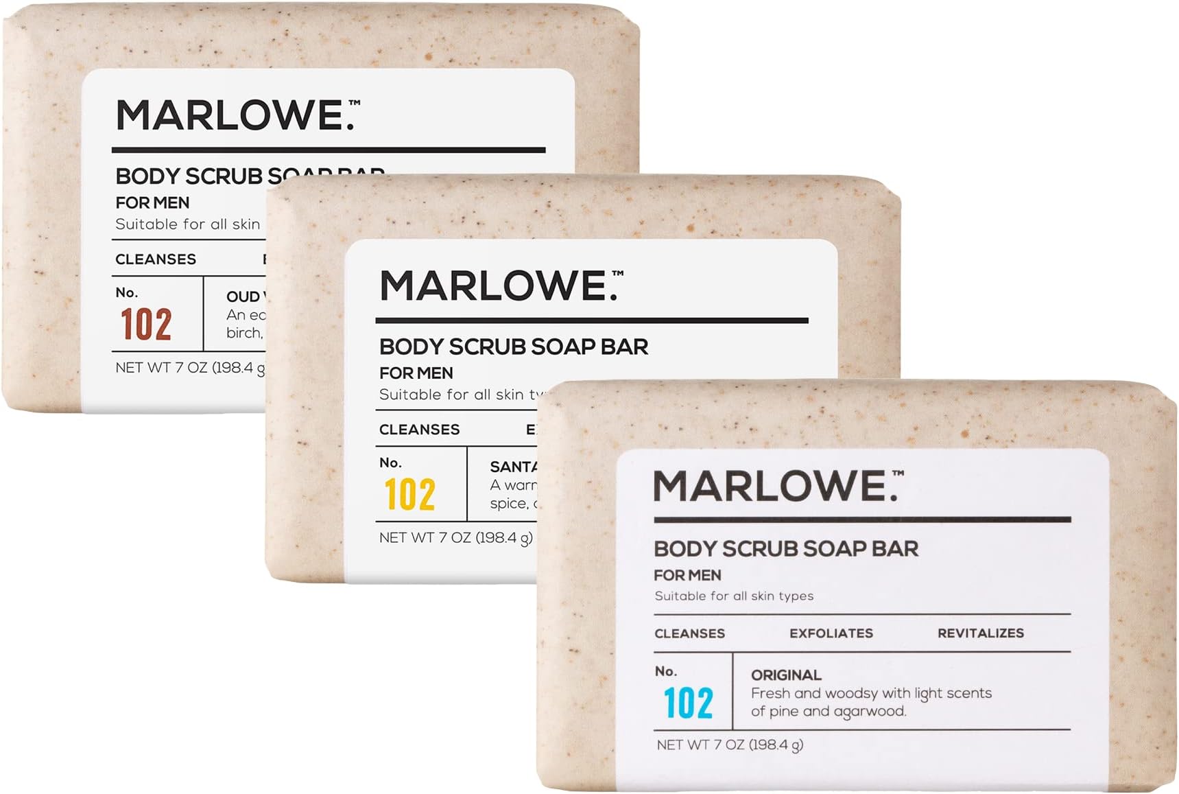 MARLOWE. No. 102 Men's Body Scrub Soap 7oz (Variety Trio) Best Exfoliating Body Soap Bars for Men, Made with Natural Ingredients, Green Tea Extract, Features 3 Amazing Scents