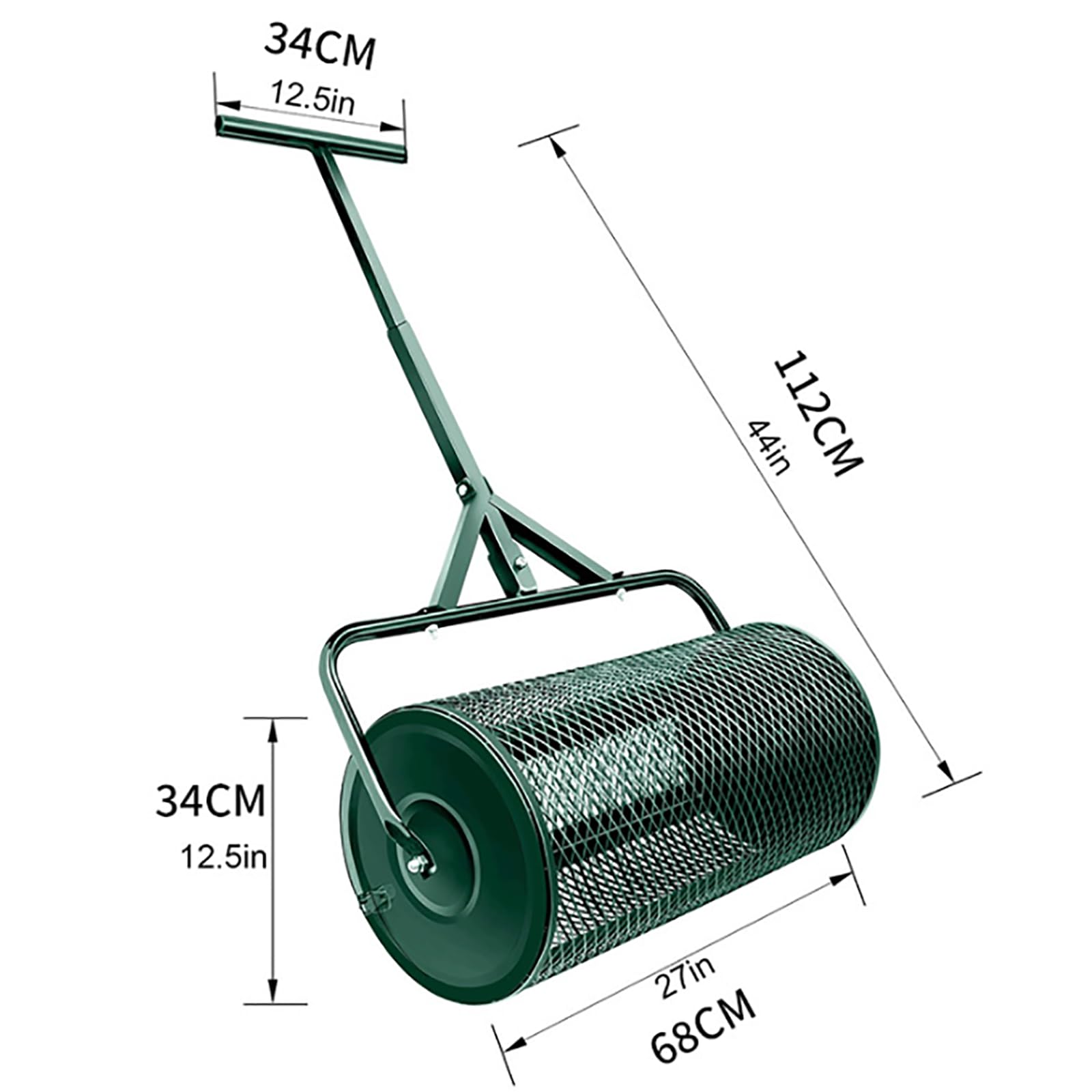 ZbOLi 34 cm x 34 cm x 68 cm langlebige Rasenwalze, Leichter Miststreuer mit verbessertem T-förmigem Griff, oberer Bodenstreuer, für die Rasen- und Gartenpflege, Miststreuerwalze Green