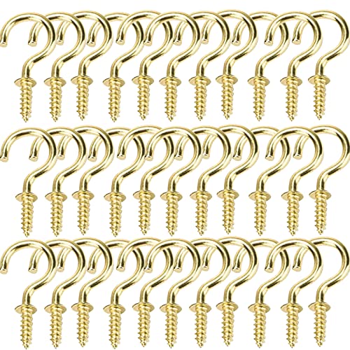 xiaozhenjida 50 Pcs Screw-in Ceiling Hooks Screw Hooks Cup Hooks Nickel Plated Hooks for Cabinet Shelf Gold 1 inch(Gold)