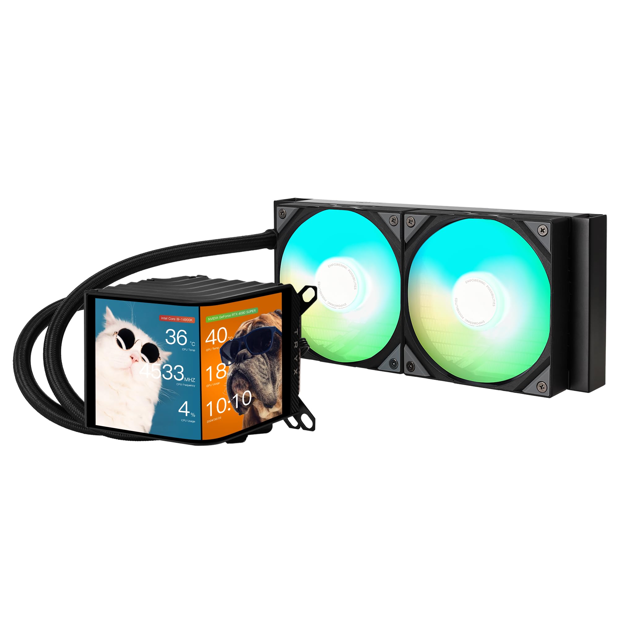 TRYX Panorama 240 ARGB 240mm AIO 6.67'' AMOLED L-Shaped Screen 3D Anamorphic Effect Display Customizable AIO Cooler 240mm Asetek 8th Gen 280w TDP with ARGB Fan Intel LGA 1700/1200/115X AMD AM5/AM4