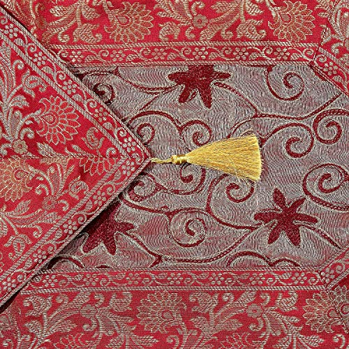 Image of E-EZRA Ari Zari Embroidery Table Runner for Dining Table 6 Seater 72IN Indian Satin Traditional Long Runner Up with Tassels Coffee Tablecloth for Room & Home Decor Runner (Maroon)