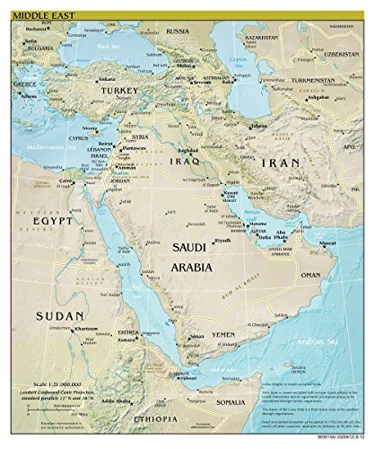 Gifts Delight Laminated 24x28 Poster: Large Scale Detailed Political map of The Middle East with Relief, Major Cities and Capitals
