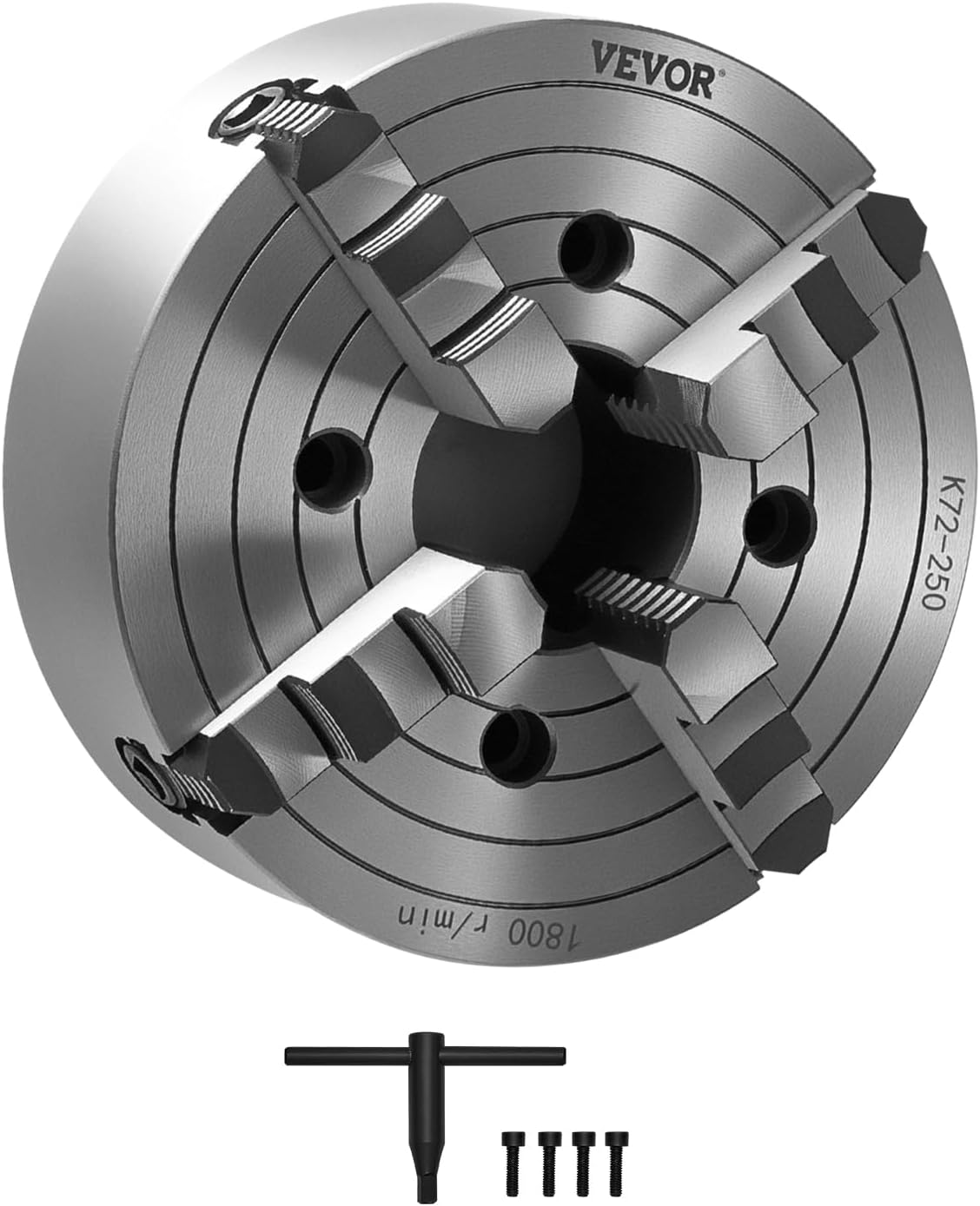 VEVOR 4-Jaw Lathe Chuck, 10 Inch (250 mm), Self-Centering Chuck, 0.6-9.84 in (15-250 mm) Clamping Range with T-key Fixing Screws Reversible Jaws, HT300 Material, Internal External for Wood Metal Lathe
