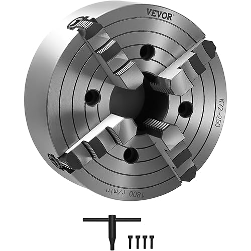 VEVOR 4-Jaw Lathe Chuck, 10 in (250 mm), Lathe Chuck, 0.6-9.84 in (15-250 mm) Clamping Range with T-key Fixing Screws Reversible Jaws, HT300 Cast Iron Material, Internal External for Wood Metal Lathe