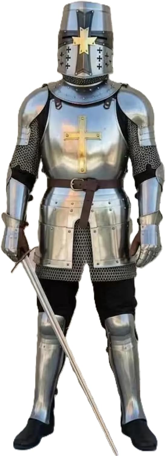 NauticalMart Medieval Knight Full body Armor Suit- Templar Knight Armor Crusader Combat Full Body Armor Suit Wearable 18 gauge steel Armor for LARP Cosplay Roleplay & Renaissance Halloween costume