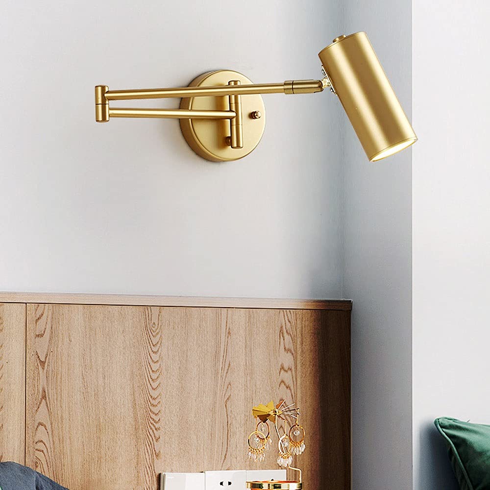 Applique da parete moderna con braccio orientabile, paralume cilindrico in ottone anticato, attacco E27, lampada da lettura fissa per camera da letto, studio e soggiorno. (3000k)