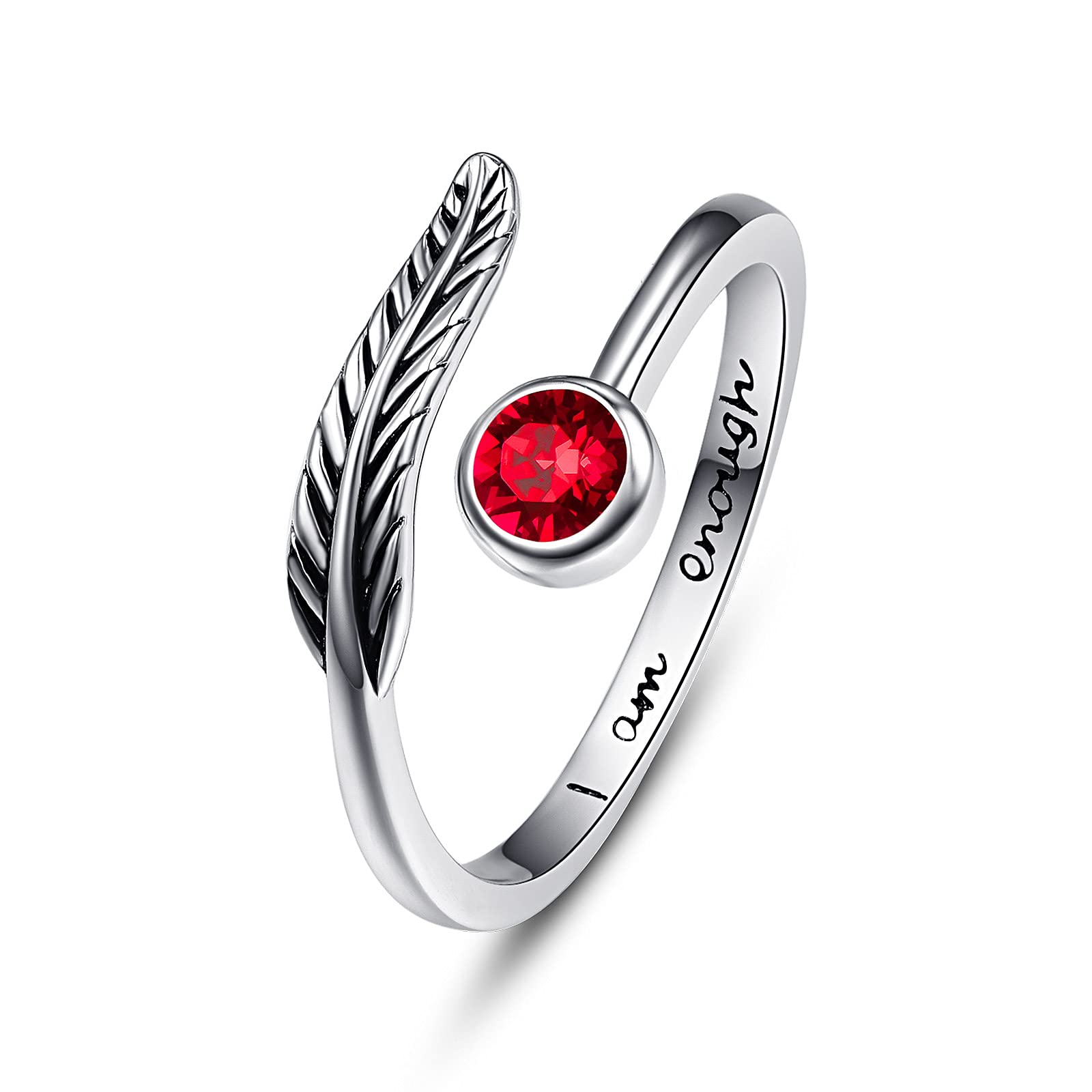 Birthstone Adjustable Open Feather Ring 925 Sterling Silver Birth Stone Ring Jewelry Gift Birthday Gift for Mom Women Wife Girls