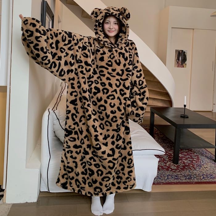 FUNSEED Women's Long Hooded Pullover Nightgown, Leopard Print Solid Color Ankle-Length Thermal Nightgown - Image 4