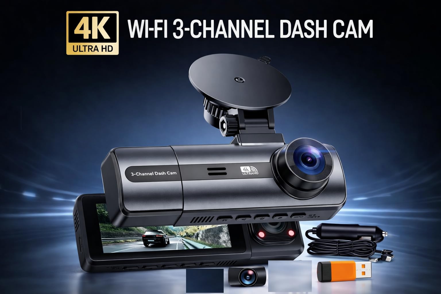 Dashcam 3 Cámaras | 4K Delantera + 1080P Interior y Trasera | WiFi 6 | Pantalla IPS 3,16'' | Visión Nocturna | Sensor G | Grabación en Bucle | 64GB