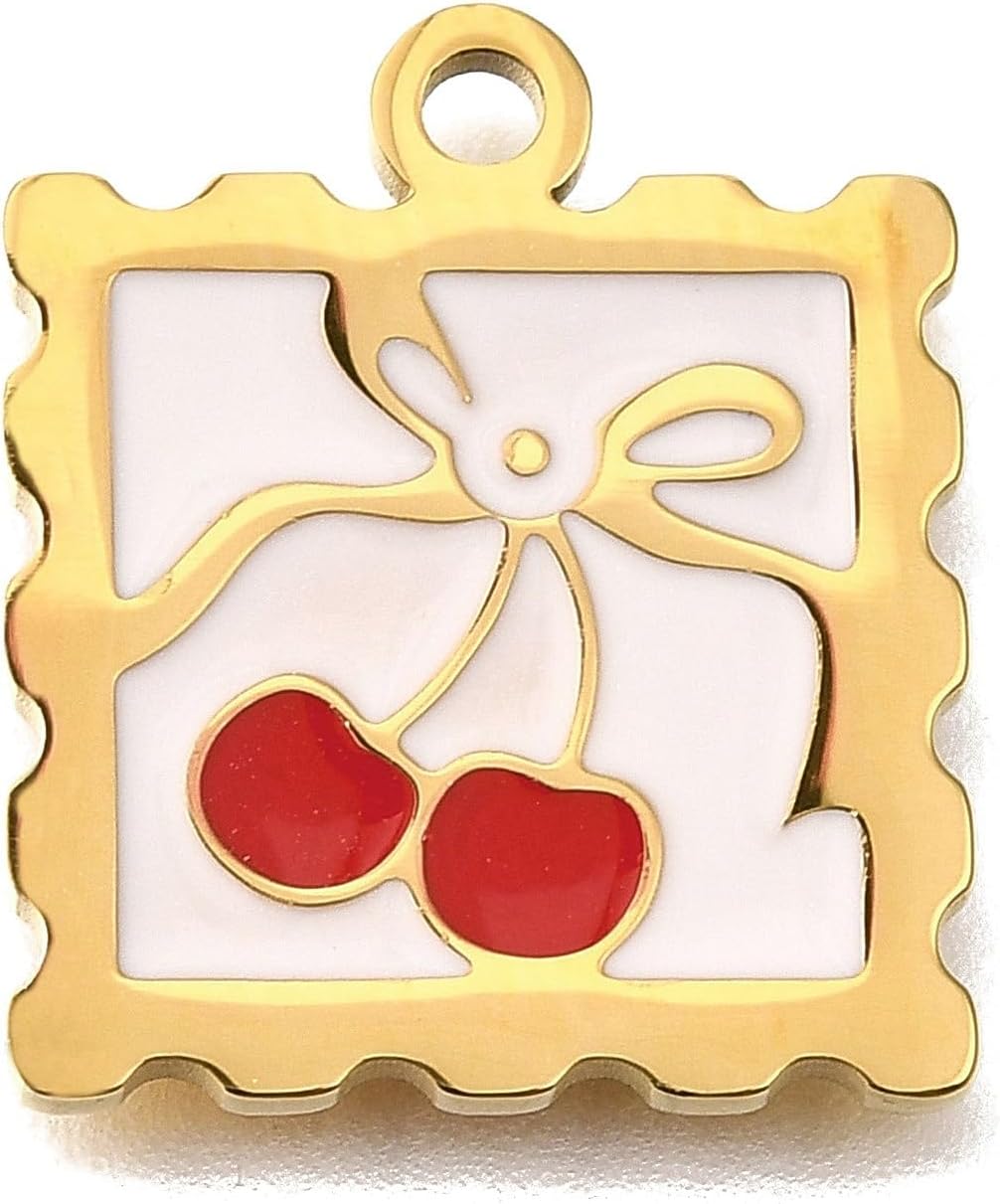 Elecrelive 1 Pc Square Enamel Cherry Charm Gold Plated Summer Fruit Charms