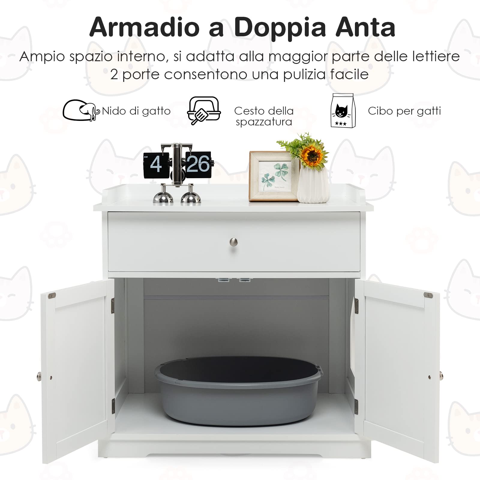 COSTWAY Mobile Lettiera per Gatti in Legno, con Portaoggetti, Bianco