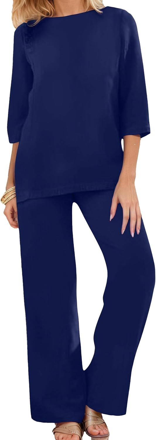 2 Piece Outfits Solid Color Loose for Women Linen Sets Summer Casual Suit 3/4 Sleeve Top Wide Leg Pants with Pockets