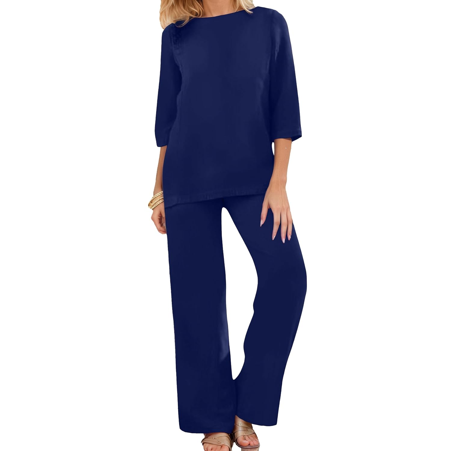 2 Piece Outfits Solid Color Loose for Women Linen Sets Summer Casual Suit 3 4 Sleeve Top Wide