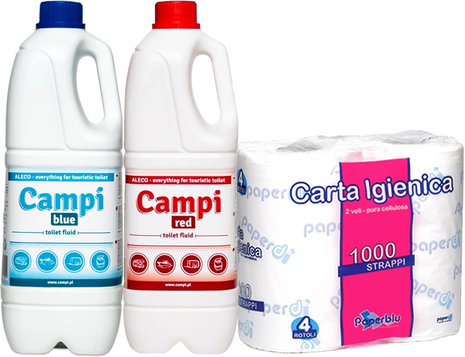 CAMPI Blue 2L + Red 2L + Carta Igienica – Set di Fluidi Chimici e Sanitari per WC da Campeggio – Additivo per WC per Serbatoi di Acque Dolci e di Scarico – Fluido per Roulotte e Barche