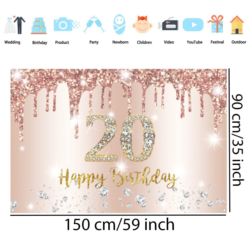 Happy 20th Birthday Banner 150x90 Cm – Mit Glitzer & Rosa Design Für Geburtstagsfeiern, Hintergrund-Deko