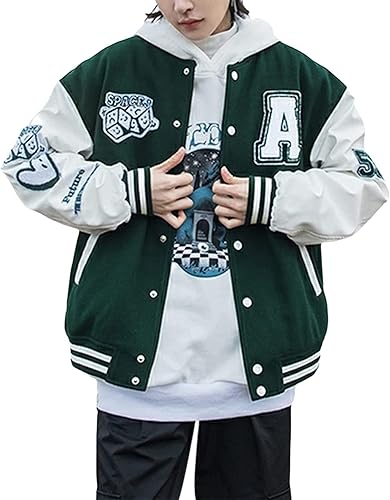 Mxiqqpltky Chaqueta universitaria vintage para hombre, estilo casual, con estampado de letras, chaqueta de béisbol de retazos, ropa de calle,