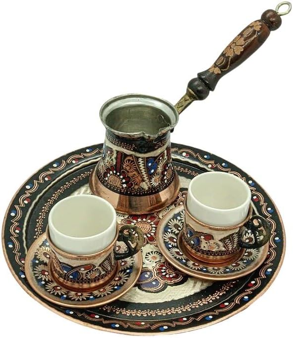 Copper Handmade Coffee Set, Turkish Authentic Serving Set, Copperware Greek Arabic Coffee Cup, Coffee Pot, Copper Tray (Copper Tray)