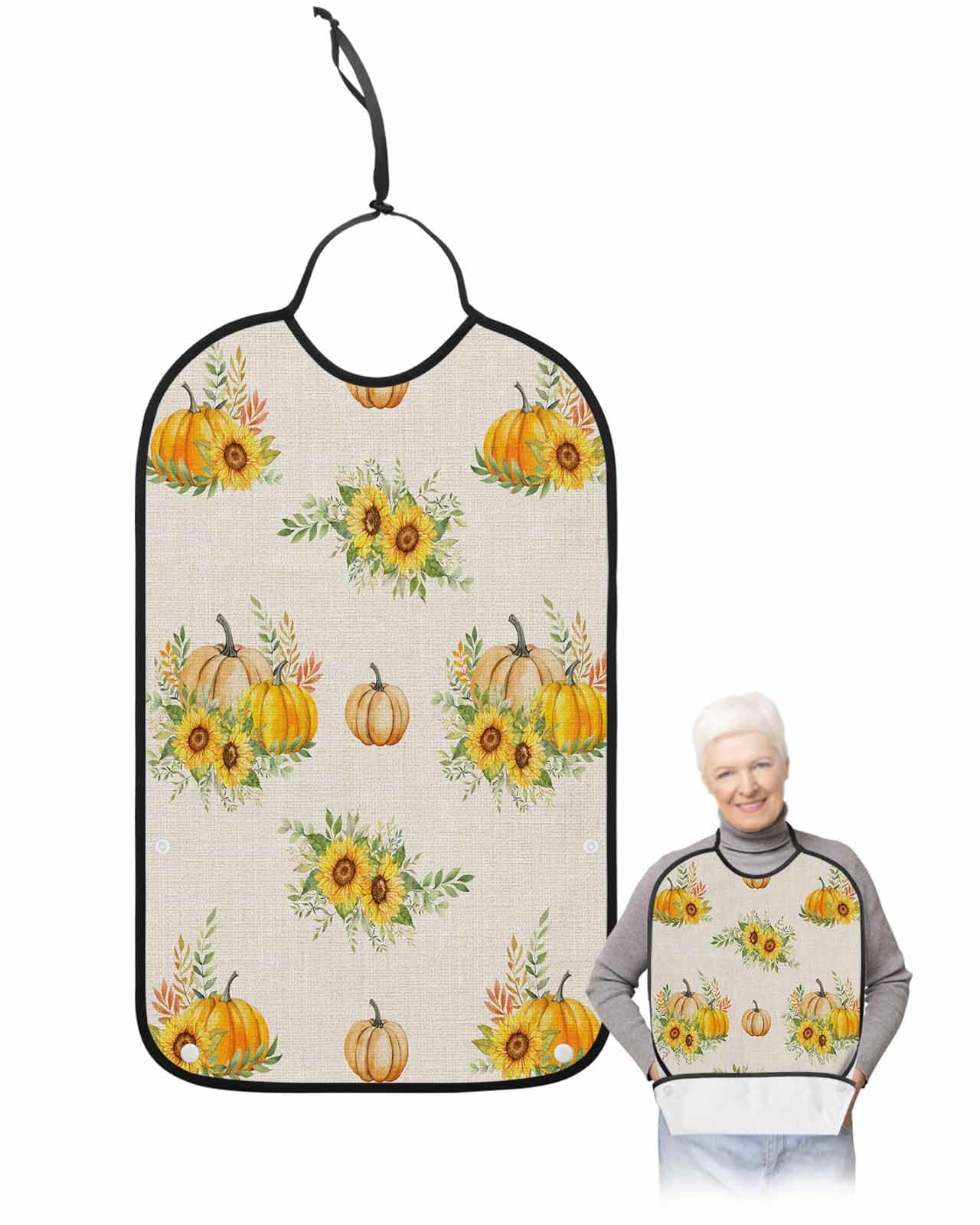 LEOKOTI Fall Pumpkins Adult Bibs for Eating, Waterproof Bibs with Food Catcher & Adjustable Snap Closure, Thanksgiving Botanical Sunflowers Rustic Washable Clothing Protectors Adult Bibs for Elderly