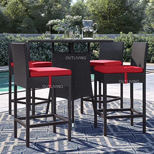 OUTLIVING Rattan Wicker Outdoor Bar Patio Table with 4 Chairs Set for Home Graden Balcony 4 Seater High Bar Patio Furniture Table and Chairs (Brown & Red)
