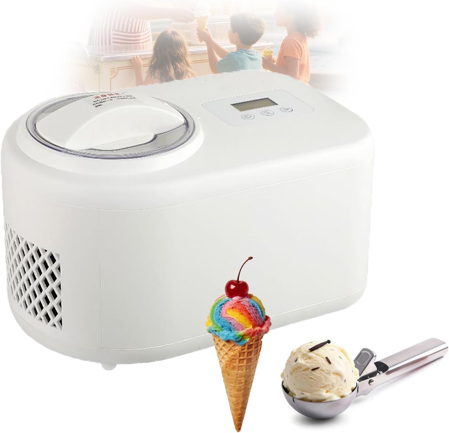 Gelatiera Automatica con compressore Integrato, Senza Pre-congelamento, 4 modalità, Display LCD, Timer e Parti Rimovibili per Gelati e Yogurt cremosi.