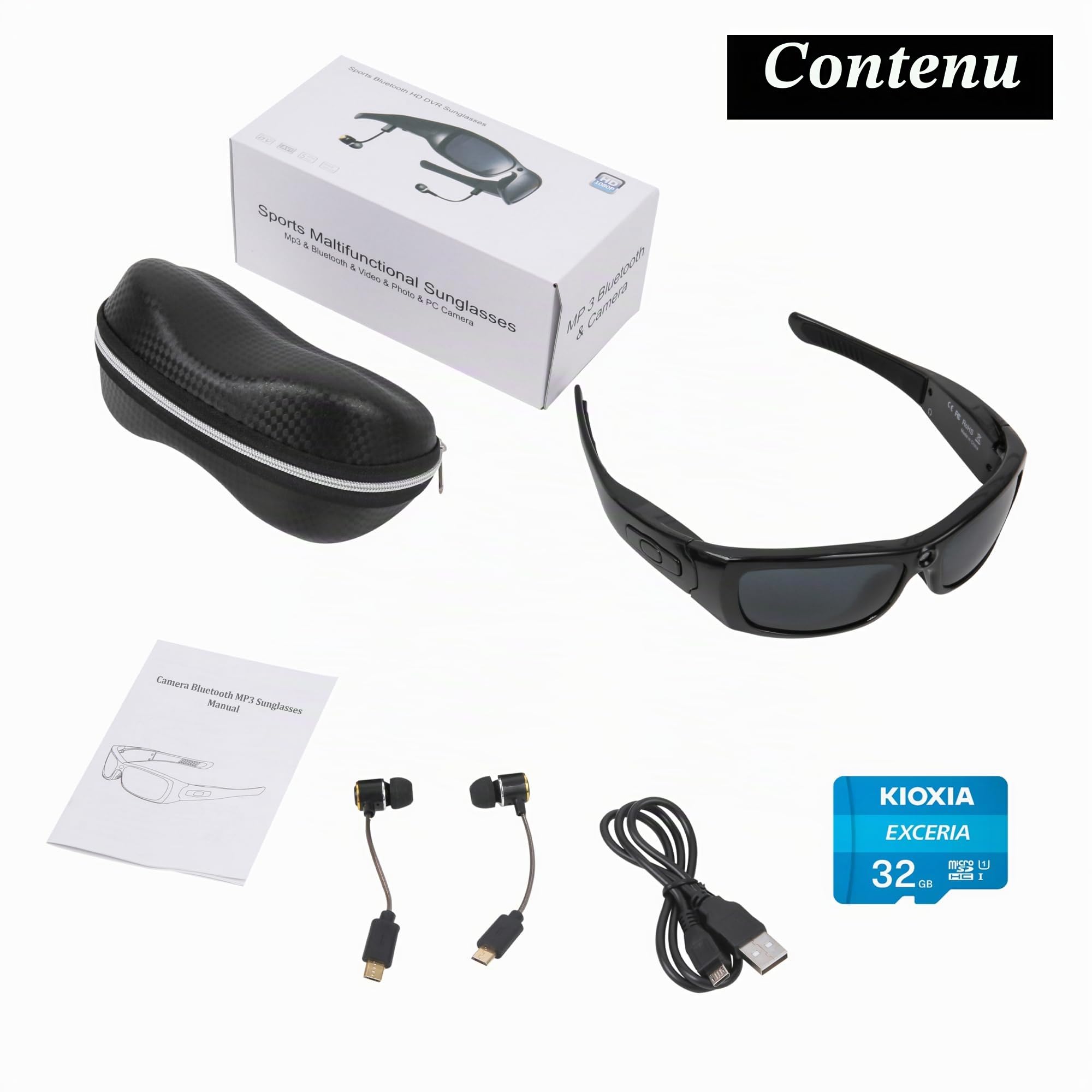 Lunettes de soleil pour appareil photo, Bluetooth, Full HD 1080p, avec protection UV, verres polarisés pour l'extérieur et les voyages (carte TF 32 Go incluse)