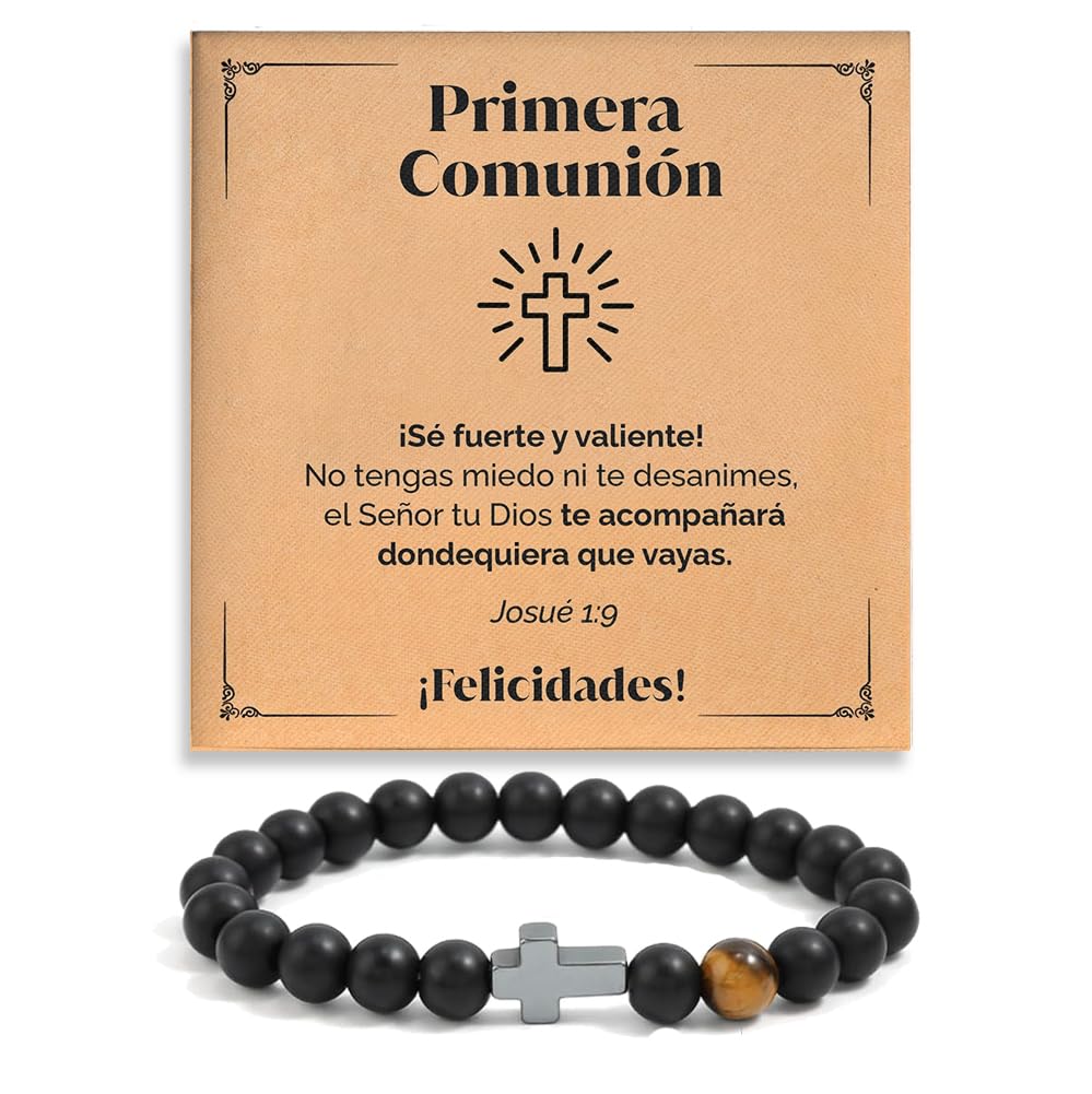 Pulsera Cruz Comunión Niño Piedras Naturales Ajustable Primera Comunión
