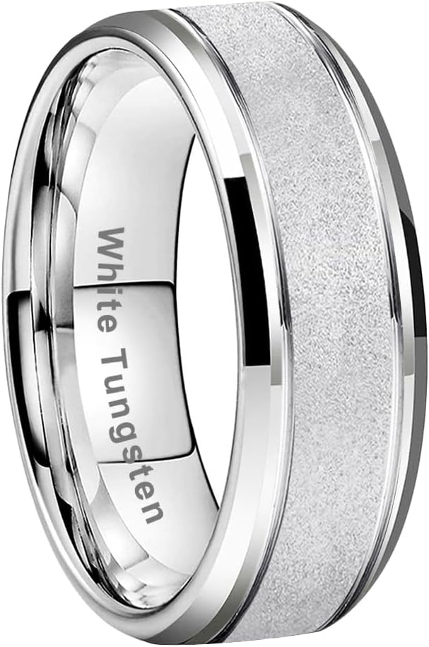 8mm Black/White/Gold Tungsten Rings for Men Women Promise Engagement Wedding Bands Sandblasted Finish Beveled Edges Comfort Fit