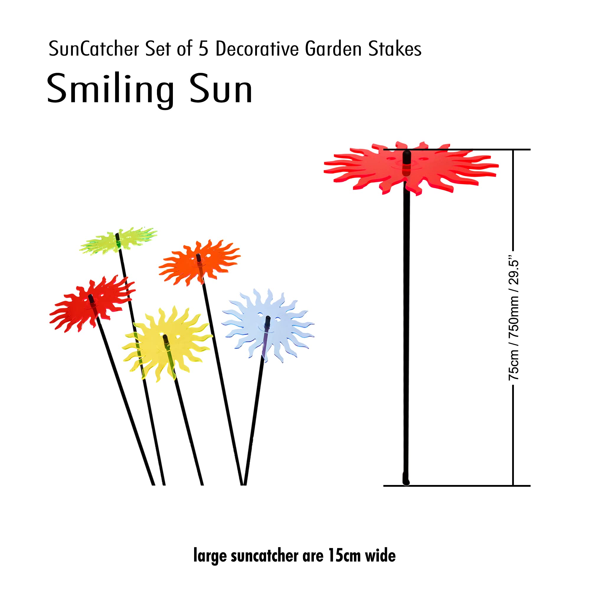 SunCatcher ozdoby ogrodowe uśmiechnięte słońce zestaw 5 dużych palików ogrodowych 75 cm wysokości 75 cm wysokości do wewnątrz na zewnątrz piękny prezent dla ogrodnika, kolor: różne kolory