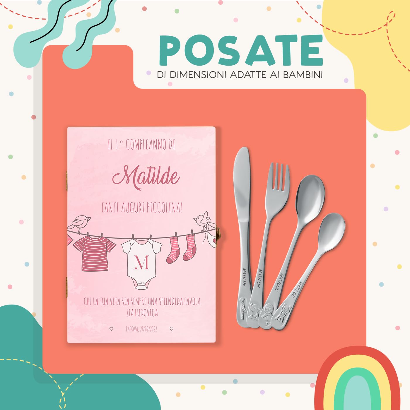 Set Posate Bambini Personalizzate Con Nome - Motivo Animali Nella Scatola Di Legno