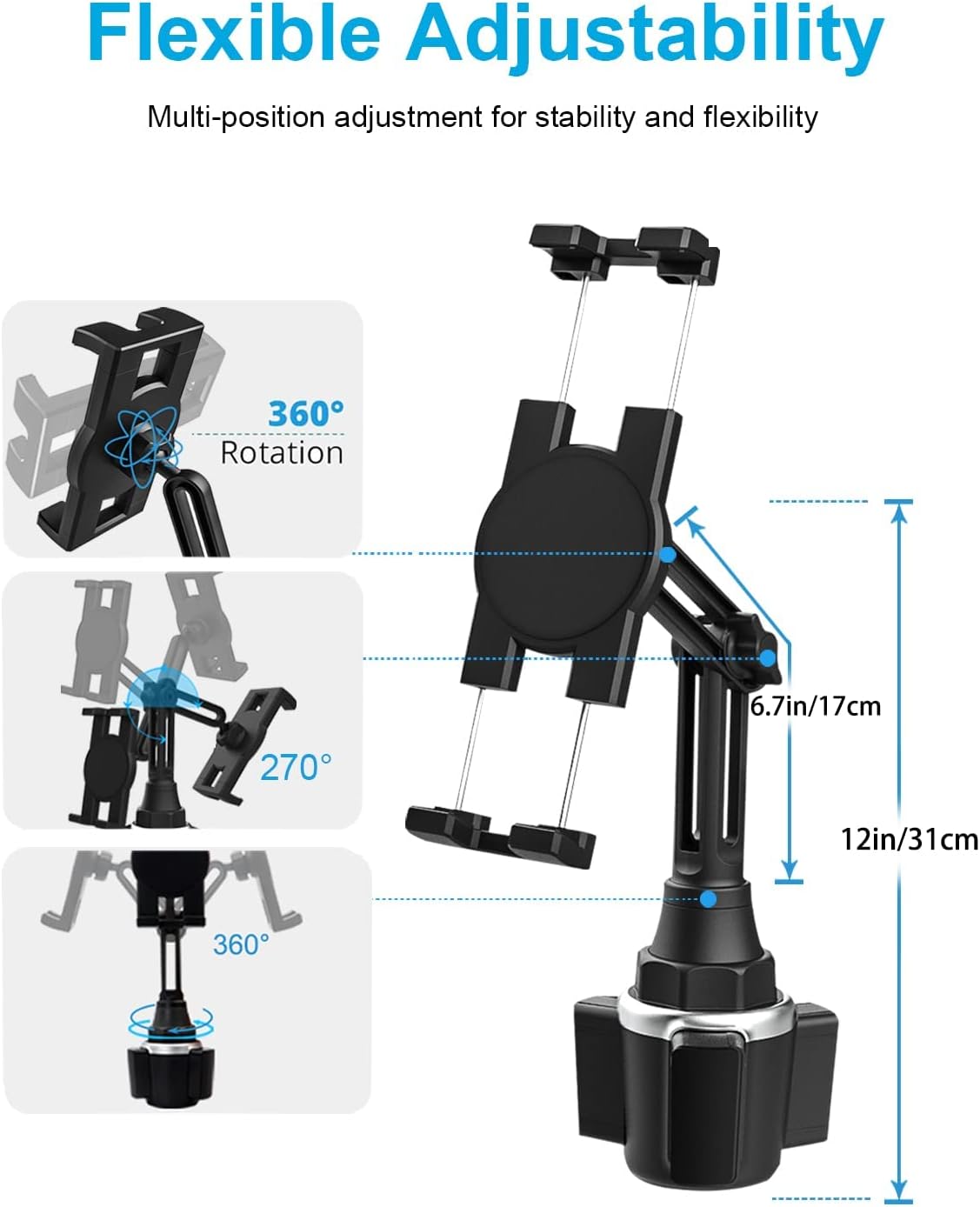 woleyi Cup Holder Tablet Mount, Car/Truck Cupholder Tablet Holder Stand Car Mount with Adjustable Arm, Compatible with iPad Pro, Air, Mini, Galaxy Tab, Z Fold, Fire HD, iPhone and More 4.7-13" Devices