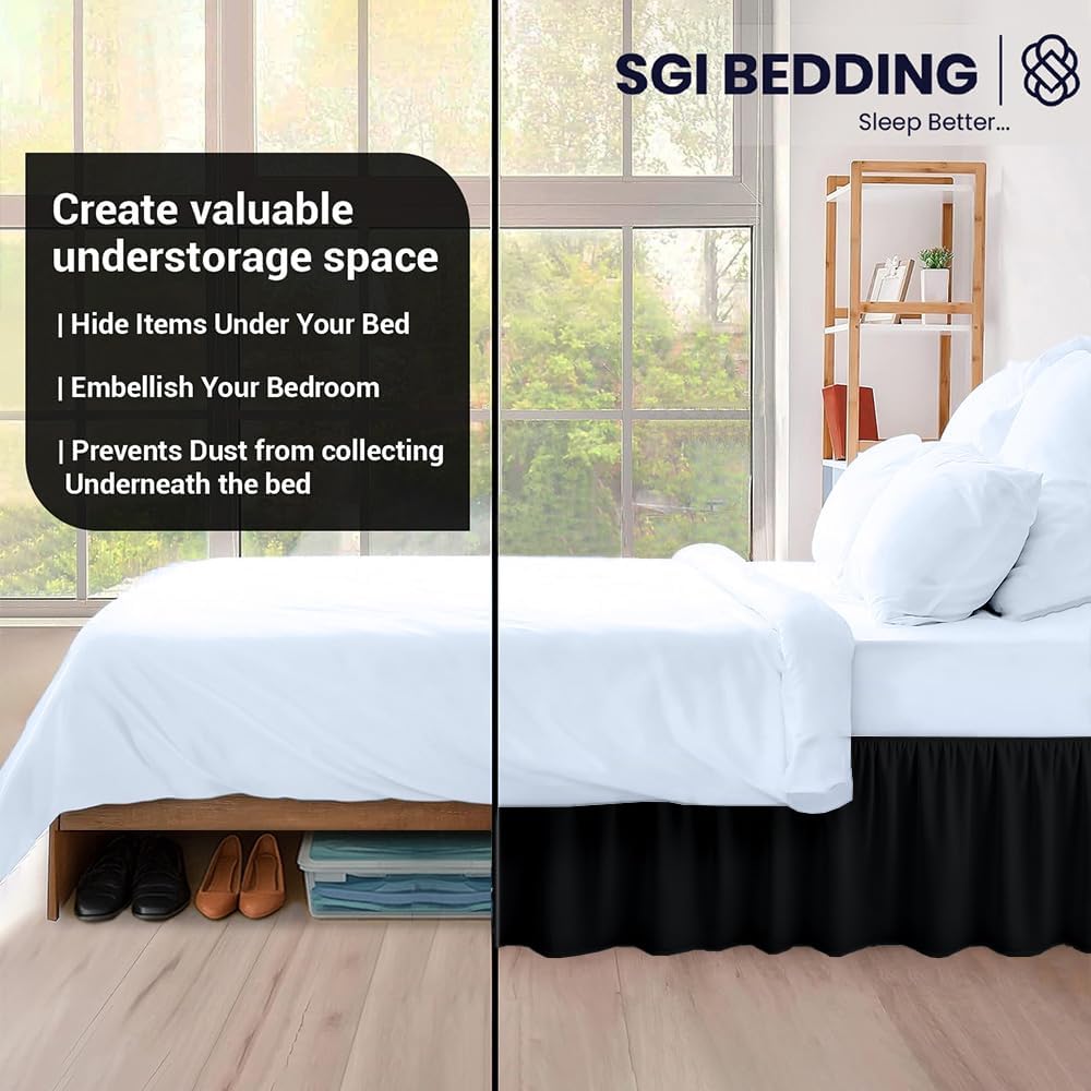 SGI bedding 24 Inch Drop Ruffled Bed Skirt Queen Size - Classic Gathered Styling, Platform Style Dust Ruffle with Secure Fit, Split Corners, Wrinkle-Resistant Microfiber - Black