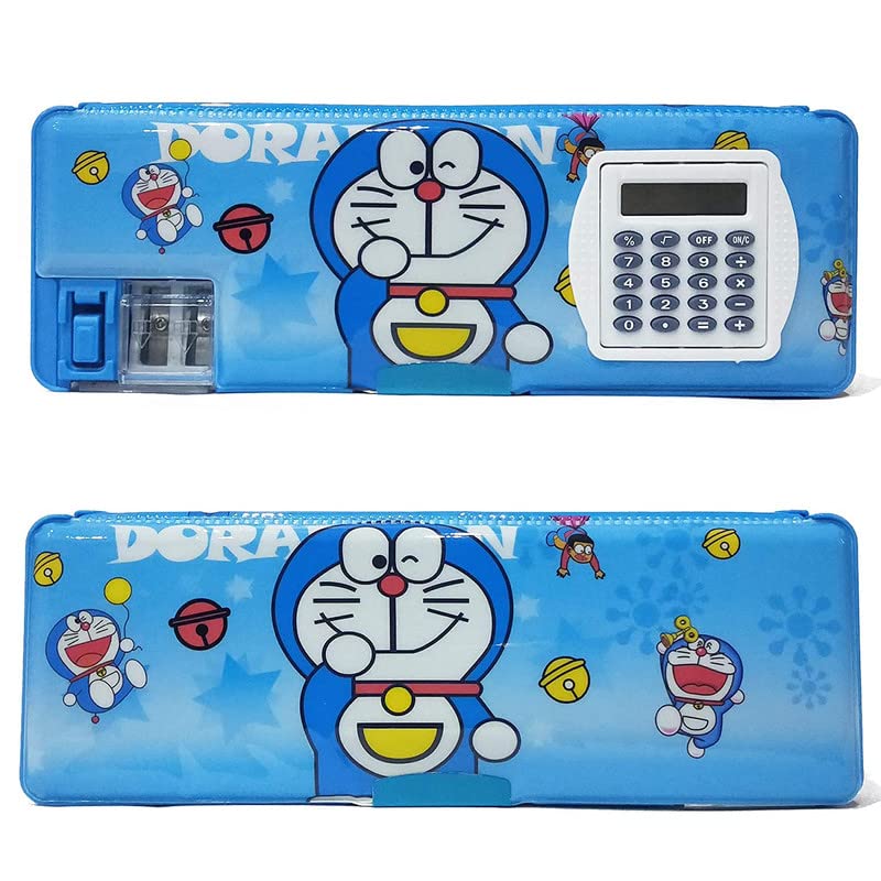 YBN Plastic Multipurpose Magnetic Pencil Box With Calculator & Dual Sharpener For Girls & Boys For School | Big Size Cartoon Printed Pencil Case For Kids (Doraemon Blue)