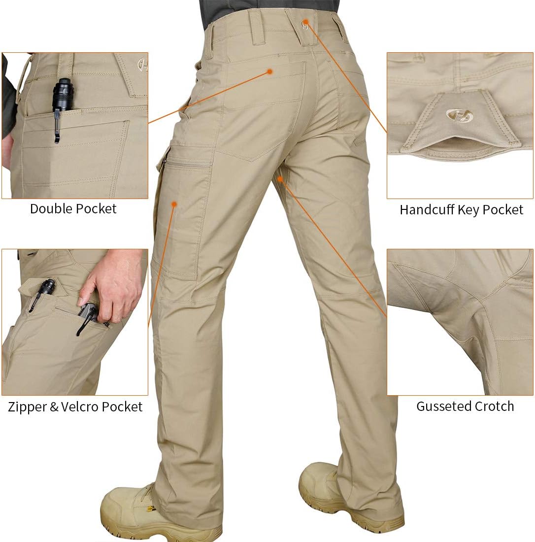 HARD LAND Men's Tactical Pants Mechanical Stretch Cargo Work Pants Lightweight Waterproof for Hiking BDUHunting Khaki Size 32W×32L